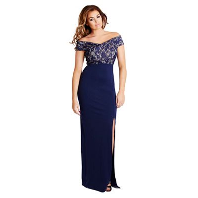 Navy 'Tori' lace bust off the shoulder maxi dress